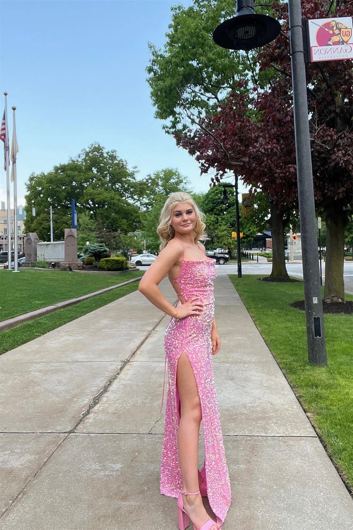 Weitese Dress Spaghetti Straps Cowl Neck Pink Sequin Mermaid Formal Dress With Slit Maxi Dress Prom Dress